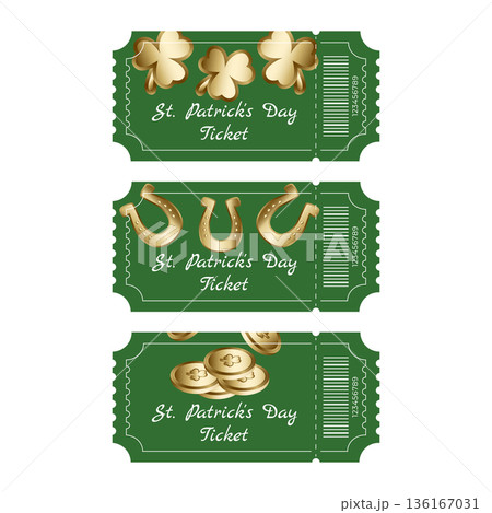 Set of green Saint Patrick Day festival tickets with gold coins shamrocks and horseshoes 136167031