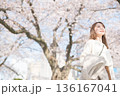 桜並木を歩く女性 136167041