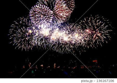 【静岡】冬の熱海海上花火大会 打ち上がる花火と砂浜で眺める人々のシルエット 【静岡】冬の熱海海上花火大会 打ち上がる花火と砂浜で眺める人々のシルエット 136167106