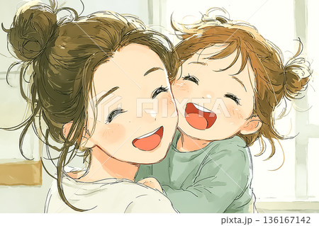 美優シリーズ：母親に抱かれて笑う幼児｜家族の愛情と安心感を伝えるイラスト 136167142