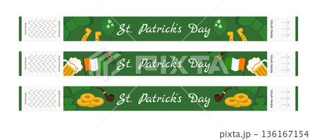 Set of green festival wristbands for Saint patrick day with shamrocks leprechaun gold Ireland flag beer hats and pipe 136167154