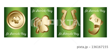 Set of vertical St. Patricks Day banners and greeting cards with leprechaun gold coins, shamrocks, horseshoes and leprechaun boots, Irish festive theme 136167155