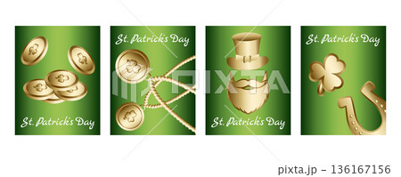 Set of vertical St. Patricks Day banners and greeting cards with leprechaun gold coins, beard, hat, horseshoes, beads and shamrocks, Irish celebration 136167156
