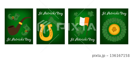 Set of vertical St. Patricks Day banners and greeting cards with Irish flag, shamrocks, horseshoes, leprechaun boots, smoking pipe and gold elements 136167158