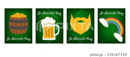 Set of vertical St. Patricks Day banners and greeting cards with beer glass, rainbow, leprechaun gold barrel and festive Irish symbols 136167159