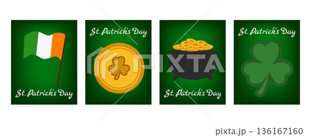 Set of vertical St. Patricks Day banners and greeting cards with Irish flag, leprechaun gold pot, shamrocks and festive decorations, Irish holiday celebration 136167160