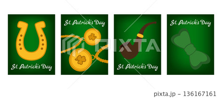 Set of vertical St. Patricks Day banners and greeting cards with shamrocks, horseshoes, beads, bow, decorations and smoking pipe, Irish holiday celebration Set of vertical St. Patricks Day banners and greeting cards with shamrocks, horseshoes, beads, bow, decorations and smoking pipe, Irish holiday celebration 136167161