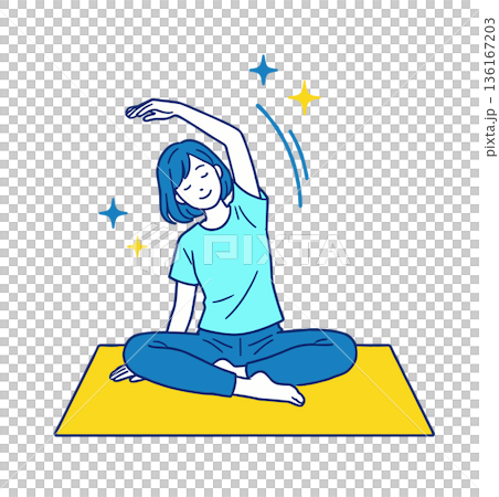 健身運動插圖,描繪了一位女性在瑜珈墊上伸展身體的場景。 健身運動插圖,描繪了一位女性在瑜珈墊上伸展身體的場景。 136167203