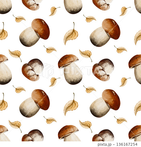 Seamless pattern with porcini mushrooms and autumn leaves isolated on a white background. Perfect for packaging, textiles, wallpaper, and eco-friendly design. Watercolor illustration, hand painted Seamless pattern with porcini mushrooms and autumn leaves isolated on a white background. Perfect for packaging, textiles, wallpaper, and eco-friendly design. Watercolor illustration, hand painted 136167254