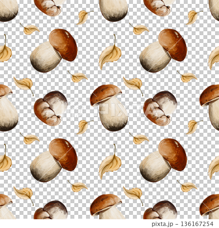 Seamless pattern with porcini mushrooms and autumn leaves isolated on a white background. Perfect for packaging, textiles, wallpaper, and eco-friendly design. Watercolor illustration, hand painted Seamless pattern with porcini mushrooms and autumn leaves isolated on a white background. Perfect for packaging, textiles, wallpaper, and eco-friendly design. Watercolor illustration, hand painted 136167254