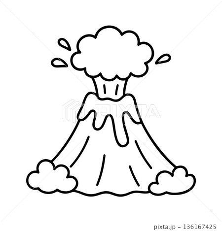 Erupting volcano with smoke clouds and lava flow. black and white line art doodle style 136167425