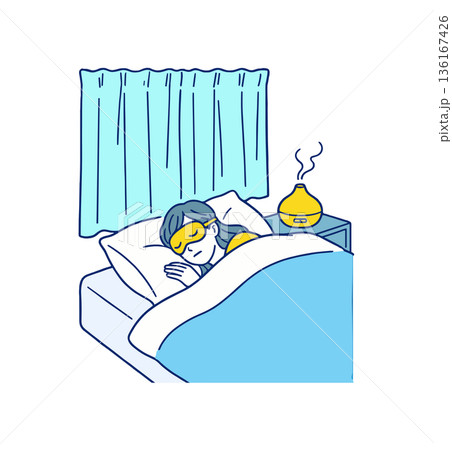 アイマスクをつけて眠る女性の安眠・快眠ナイトシーンイラスト素材 136167426