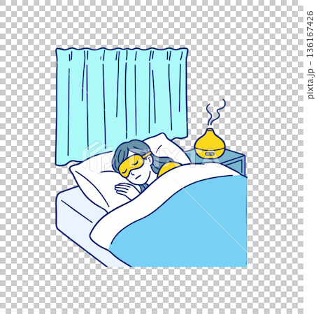 アイマスクをつけて眠る女性の安眠・快眠ナイトシーンイラスト素材 136167426