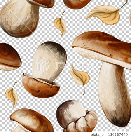 Seamless pattern with porcini mushrooms of different shapes and autumn leaves isolated on a white background. Perfect for packaging, textiles, wallpaper, Watercolor illustration, hand painted 136167440
