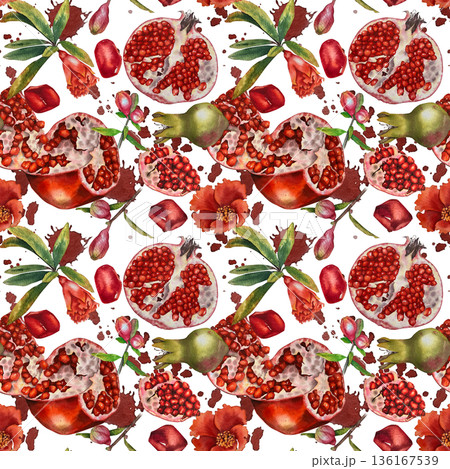 Watercolor seamless pattern whole pomegranates open fruit seeds flowers buds and leaves on a white background. Illustration for packaging kitchen decor cosmetics Jewish holidays and Rosh Hashanah. 136167539