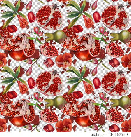 Watercolor seamless pattern whole pomegranates open fruit seeds flowers buds and leaves on a white background. Illustration for packaging kitchen decor cosmetics Jewish holidays and Rosh Hashanah. 136167539