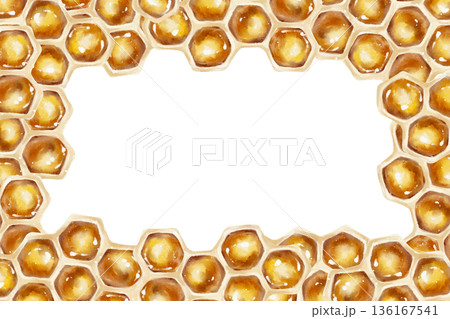 Watercolor illustration of a golden honeycomb frame with hexagonal cells. Ideal for organic product labels, honey packaging, skincare, eco goods, and culinary design. 136167541