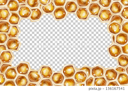 Watercolor illustration of a golden honeycomb frame with hexagonal cells. Ideal for organic product labels, honey packaging, skincare, eco goods, and culinary design. 136167541