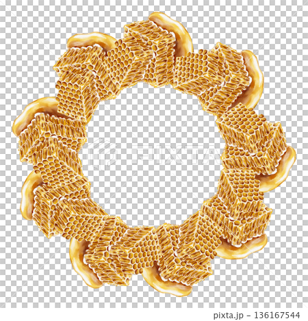 Watercolor wreath made of golden honeycombs dripping with honey. The circular design is perfect for product packaging, logo frames, organic branding, honey labels, or festive decorations. Watercolor wreath made of golden honeycombs dripping with honey. The circular design is perfect for product packaging, logo frames, organic branding, honey labels, or festive decorations. 136167544