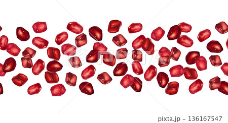 Seamless watercolor border of scattered juicy pomegranate seeds. Illustration for packaging, textiles, wallpaper, scrapbooking, gift products, desserts, and juice labels. 136167547