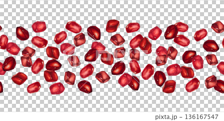 Seamless watercolor border of scattered juicy pomegranate seeds. Illustration for packaging, textiles, wallpaper, scrapbooking, gift products, desserts, and juice labels. 136167547
