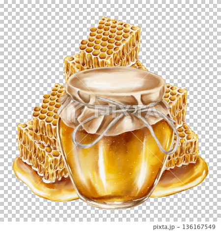 Watercolor illustration jar golden honey with kraft paper and surrounded by stacked dripping honeycombs. for food packaging eco branding herbal teas cosmetics Jewish holiday and wellness products. 136167549