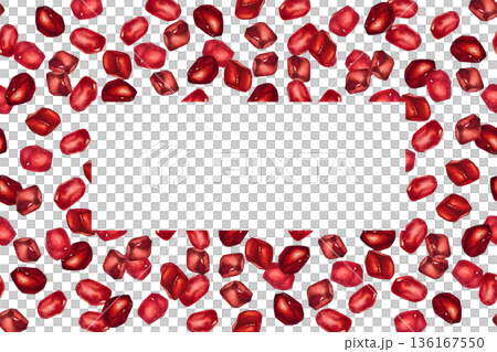 Watercolor frame made of bright red pomegranate seeds with empty central space. Illustration for packaging, menus, cards, banners, labels, greetings and decor. 136167550