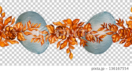 Watercolor seamless border with golden floral ornament and blue Easter eggs. Illustration for festive frames, greeting cards, packaging, stationery, textile and religious spring design projects. Watercolor seamless border with golden floral ornament and blue Easter eggs. Illustration for festive frames, greeting cards, packaging, stationery, textile and religious spring design projects. 136167554