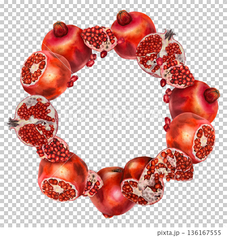 Round wreath made of whole and cut pomegranates with bright seeds, painted in watercolor style. Illustration for packaging design, labels, greeting cards, menus, stationery, and advertising. Round wreath made of whole and cut pomegranates with bright seeds, painted in watercolor style. Illustration for packaging design, labels, greeting cards, menus, stationery, and advertising. 136167555
