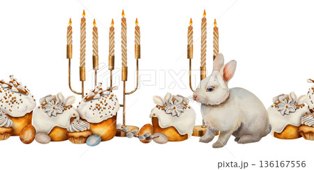 Watercolor seamless Easter border with rabbit animal, traditional cakes candles and painted eggs. Illustration for Christian and Catholic Easter, spring decor packaging invitations and festive design. 136167556