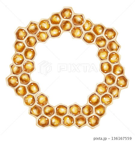 Watercolor illustration of a golden honeycomb wreath arranged in a circular shape. Ideal for honey packaging, organic food branding, eco cosmetics, and beekeeping product design. Watercolor illustration of a golden honeycomb wreath arranged in a circular shape. Ideal for honey packaging, organic food branding, eco cosmetics, and beekeeping product design. 136167559