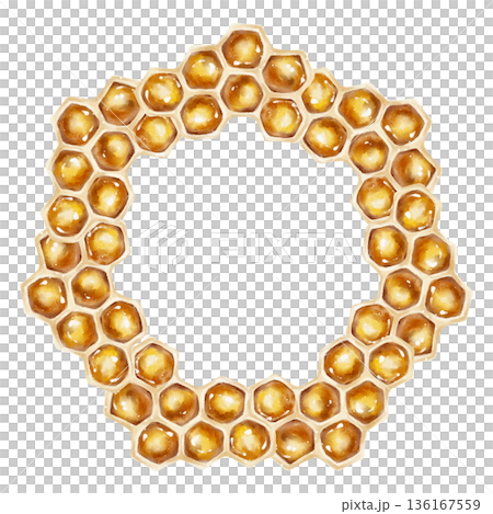 Watercolor illustration of a golden honeycomb wreath arranged in a circular shape. Ideal for honey packaging, organic food branding, eco cosmetics, and beekeeping product design. Watercolor illustration of a golden honeycomb wreath arranged in a circular shape. Ideal for honey packaging, organic food branding, eco cosmetics, and beekeeping product design. 136167559