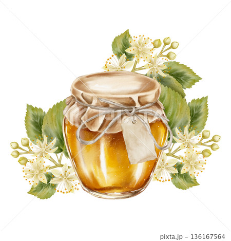 Watercolor illustration jar golden honey with kraft paper and twine and blooming linden flowers. for herbal tea packaging health products cosmetics eco branding and seasonal or holiday visuals. 136167564