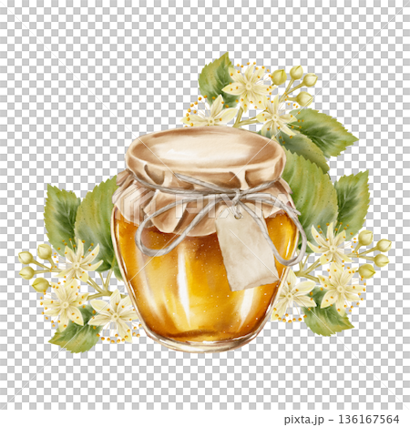 Watercolor illustration jar golden honey with kraft paper and twine and blooming linden flowers. for herbal tea packaging health products cosmetics eco branding and seasonal or holiday visuals. 136167564