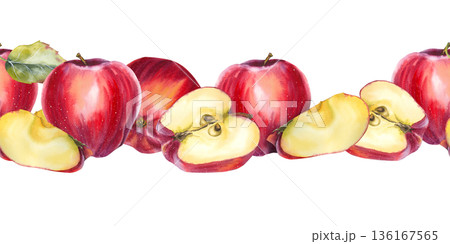 Seamless watercolor border with whole and sliced red apples and green leaves in a realistic style. for food and juice packaging labels fabric design eco branding kitchen decor and seasonal promotions. 136167565