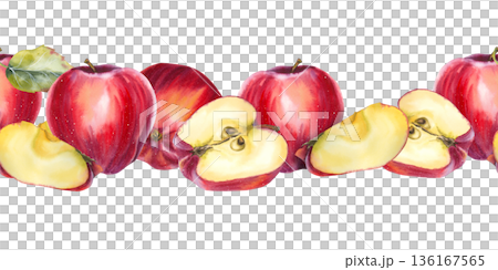 Seamless watercolor border with whole and sliced red apples and green leaves in a realistic style. for food and juice packaging labels fabric design eco branding kitchen decor and seasonal promotions. 136167565