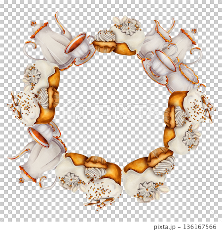 Watercolor illustration of an Easter round frame with porcelain teapots, cups and festive cakes. Illustration for greeting cards, invitations, religious stationery and spring holiday design. 136167566