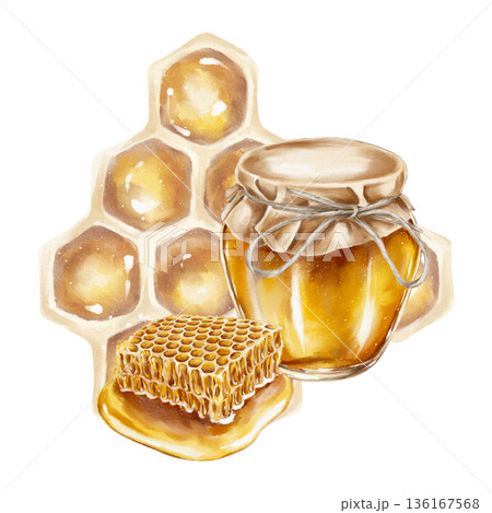 Watercolor illustration golden honey jar with kraft paper lid and twine and honeycomb. Ideal for food packaging, herbal branding, autumn wellness, and Jewish holiday visuals. 136167568