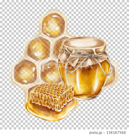 Watercolor illustration golden honey jar with kraft paper lid and twine and honeycomb. Ideal for food packaging, herbal branding, autumn wellness, and Jewish holiday visuals. 136167568