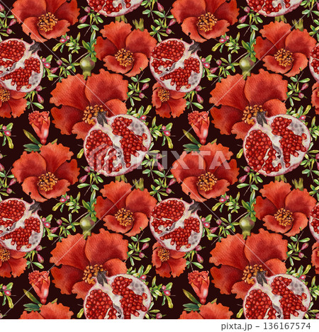 Watercolor seamless pattern with open pomegranates, flowers, green leaves and red juice splashes. Illustration for cosmetics, kitchen textiles, packaging, Rosh Hashanah and organic juice branding. 136167574