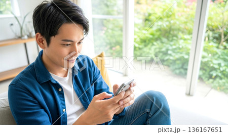 スマホを使う日本人男性 リビングでリラックスする笑顔のライフスタイル 20代 30代 室内 休日 136167651