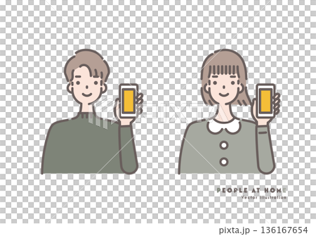 Illustration of a man and woman smiling while holding a smartphone Illustration of a man and woman smiling while holding a smartphone 136167654