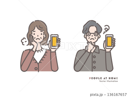 スマートフォンを持って困った表情を見せるシニアの男女のイラスト スマートフォンを持って困った表情を見せるシニアの男女のイラスト 136167657