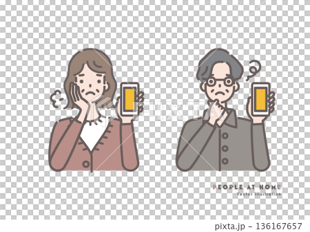 スマートフォンを持って困った表情を見せるシニアの男女のイラスト スマートフォンを持って困った表情を見せるシニアの男女のイラスト 136167657
