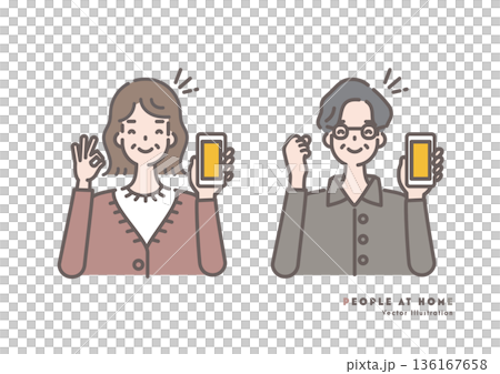 Illustration of a senior man and woman holding a smartphone and smiling, making an OK sign or a fist pump 136167658