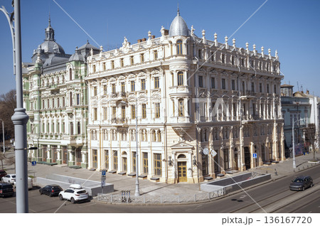 Facade of an old residential building in the center of Odessa, Ukraine, Europe. 136167720