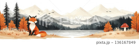 Serene Autumn Landscape with Fox, Mountains, and Tranquil Lake in Earthy Tones Serene Autumn Landscape with Fox, Mountains, and Tranquil Lake in Earthy Tones 136167849