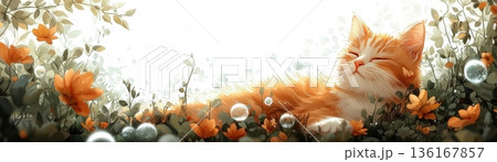 Serene Orange Cat Relaxing Amidst Vibrant Orange Flowers in a Tranquil Nature Setting Serene Orange Cat Relaxing Amidst Vibrant Orange Flowers in a Tranquil Nature Setting 136167857