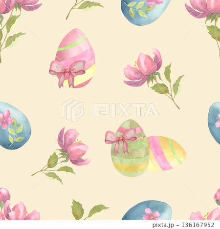 Watercolor Easter Pattern with Eggs, Flowers and Spring Branches on Cream Watercolor Easter Pattern with Eggs, Flowers and Spring Branches on Cream 136167952