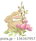Watercolor Easter Bunny Illustration with Spring Flowers 136167957